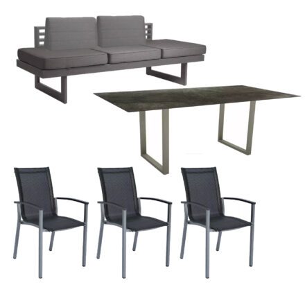 Stern "Evoee/New Holly Dining" Set mit Tisch 200x100 cm, Gestell Aluminium graphit, Polster schiefergrau, Sitzfläche Stuhl Textil silbergrau, Tischplatte HPL Dark Marble
