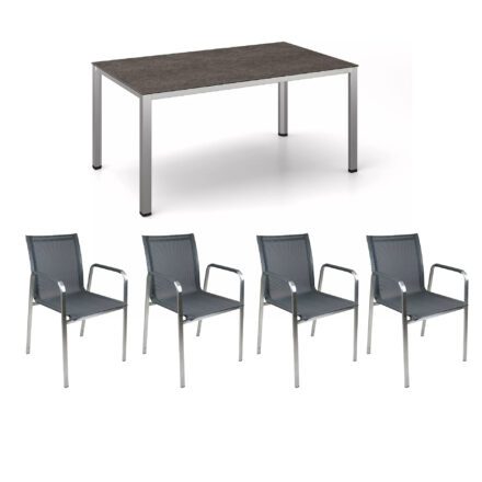 Gartenmöbel-Set mit 4x Gartenstuhl "Marseille" und Tisch "Cubic" 160x95cm, Edelstahl, Tischplatte Keramik grau-taupe