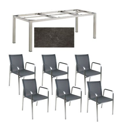 Gartenmöbel-Set mit 6x Gartenstuhl "Marseille" und Tisch "Cubic" 220x95cm, Edelstahl, Tischplatte Keramik anthrazit