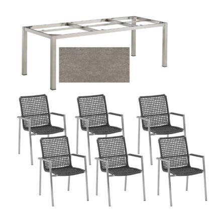 Gartenmöbel-Set mit 6x Gartenstuhl "Sines" und Tisch "Cubic" 220x95cm, Edelstahl, Tischplatte Keramik grau-taupe