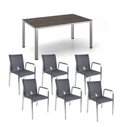 Gartenmöbel-Set mit 6x Gartenstuhl "Marseille" und Tisch "Cubic" 220x95cm, Edelstahl, Tischplatte Keramik grau-taupe
