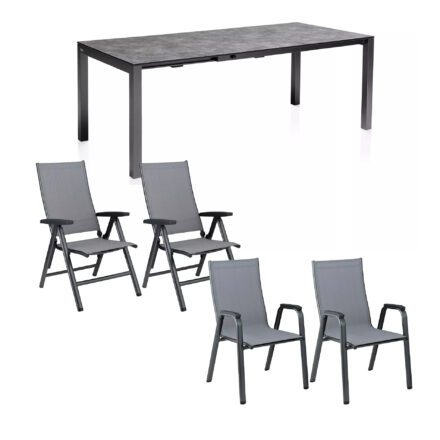 Kettler "Cirrus" Klapp- & Stapelsessel mit "Cubic" Ausziehtisch inkl. Einlegeplatte, Gestelle Alu anthrazit, Sitz Textil anthrazit-grau, Tischplatte HPL anthrazit, 150/210x95 cm