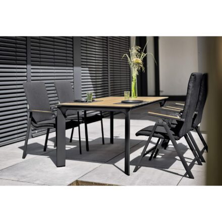 Kettler Gartenmöbel-Set "Diamond" mit 2x Klappsessel und 2x Stapelsessel Sunbrella Sooty und Gartentisch 160x95cm, Alu anthrazit, Tischplatte HPL Teak-Optik mit Fräsung