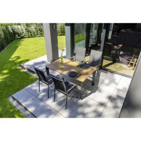 Kettler Gartenmöbel-Set "Diamond" mit 2x Klappsessel und 2x Stapelsessel Textilgewebe charcoal und Gartentisch 160x95cm, Alu anthrazit, Tischplatte HPL Teak-Optik mit Fräsung