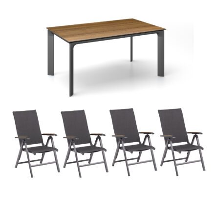 Kettler Gartenmöbel-Set "Diamond" mit 4x Klappsessel Twitchell charcoal und Gartentisch 160x95cm, Alu anthrazit, Tischplatte HPL Teak-Optik mit Fräsung