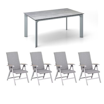 Kettler Gartenmöbel-Set "Diamond" mit 4x Klappsessel Sunbrella Flanelle und Gartentisch 160x95cm, Alu silber, Tischplatte HPL Grau mit Fräsung