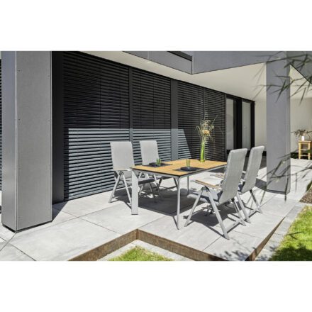 Kettler Gartenmöbel-Set "Diamond" mit 4x Klappsessel Sunbrella Flanelle und Gartentisch 160x95cm, Alu silber, Tischplatte HPL Teak-Optik mit Fräsung