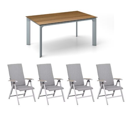 Kettler Gartenmöbel-Set "Diamond" mit 4x Klappsessel Sunbrella Flanelle und Gartentisch 160x95cm, Alu silber, Tischplatte HPL Teak-Optik mit Fräsung
