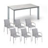 Kettler Gartenmöbel-Set mit 6x Stapelsessel Sunbrella flanelle und Gartentisch 180x95 cm, Alu silber, HPL Hellgrau meliert