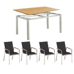 Kettler Gartenmöbel-Set mit 4x Stapelsessel "Diamond" und Tisch "Cubic" 140x70cm, Edelstahl, Tischplatte Teak