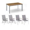 Kettler Gartenmöbel-Set "Diamond" mit 2x Stapelsessel und 2x Klappsessel Sunbrella Flanelle und Gartentisch 160x95cm, Alu silber, Tischplatte HPL Teak-Optik mit Fräsung