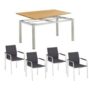 Kettler Gartenmöbel-Set mit 4x Stapelsessel "Feel" und Tisch "Cubic" 140x70cm, Edelstahl, Tischplatte Teak