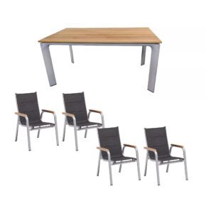 Kettler Gartenmöbel-Set mit Stapelstuhl "Granada padded" und Tisch "Diamond" 140x70 cm, Alu silber, Tischplatte Teak