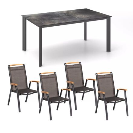 Kettler "Memphis" Stapelsessel, Aluminium anthrazit, Sitzfläche Textilgewebe bronze, Armlehnen Teak, "Edge" Gartentisch 160x95 cm, Aluminium anthrazit, Tischplatte HPL Titanit anthrazit