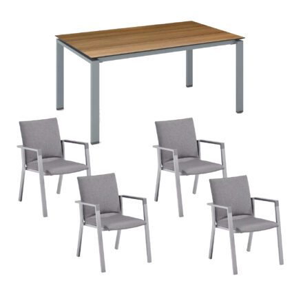 Kettler Gartenmöbel-Set mit Stapelsessel "Rasmus" und Tisch "Float" 160x95 cm, Alu silber, Tischplatte HPL Teak-Optik mit Fräsung