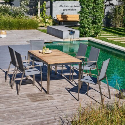 CASA DOMA "Mineo/Ugento" Gartenmöbel-Set 7-tlg., Gestelle Edelstahl gebürstet, Sitzfläche Sunproof® Sling schwarz/silber, Armlehnen Teak, Tischplatte Teak, 160/220x90 cm