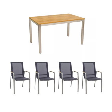 CASA DOMA "Mineo/Varano" Gartenmöbel-Set 5-tlg., Gestelle Edelstahl gebürstet, Sitzfläche Sunproof® Sling schwarz/silber, Armlehnen Teak, Tischplatte Teak, 130x80 cm