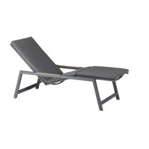 CASA DOMA "Mineo" Move Sonnenliege, Gestell Edelstahl anthrazit, Textilgewebe Sunproof® Sling schwarz/silber, Armlehnen Teak, hier mit Auflage Arashi grau