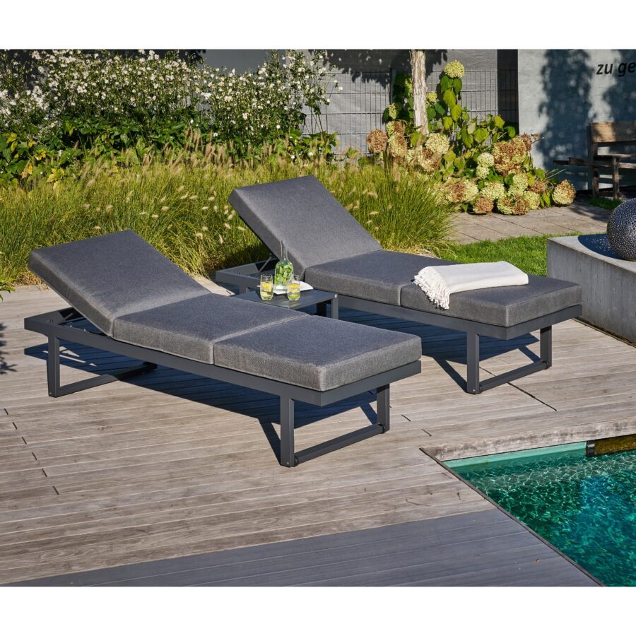 CASA DOMA "Aragona/Macari" Loungeset mit 2 Liegen und einem Beistelltisch, Gestelle Aluminium anthrazit, Polster Tuvatextil® Panama grafito