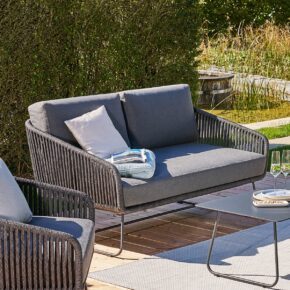 CASA DOMA "Ribera" 2-Sitzer Loungesofa Rundform, Kufengestell Edelstahl anthrazit, Sitz Rope anthrazit (vertikal breit), Kissen Tuvatextil® Panama grafito