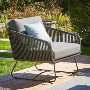 CASA DOMA "Ribera" Loungesessel Rundform, Kufengestell Edelstahl anthrazit, Sitz Rope anthrazit (vertikal breit), Kissen Tuvatextil® Panama grafito