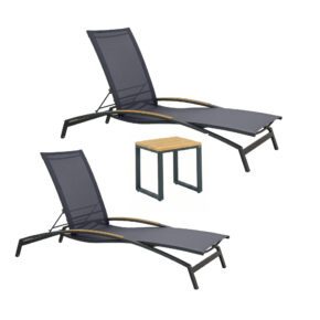 CASA DOMA “Mineo/Macari“ Set 3-teilig mit Sonnenliegen Edelstahl anthrazit, Sunproof® Sling schwarz/silber, Armlehnen Teak, Beistelltisch Alu/Teak