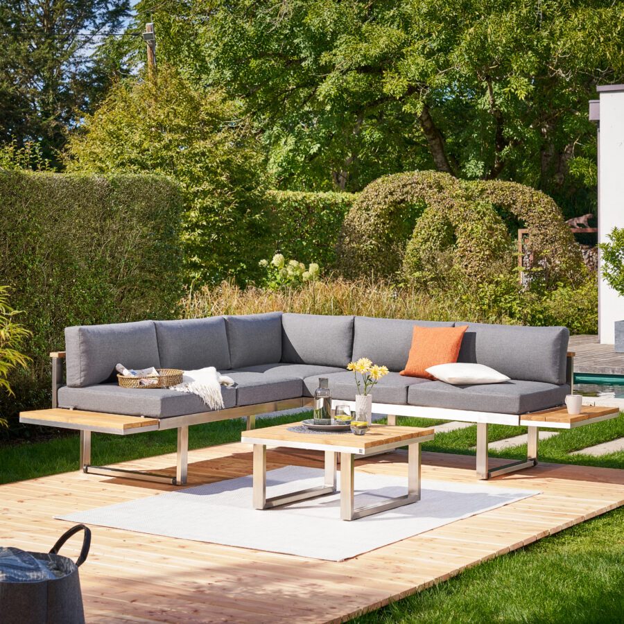CASA DOMA "Aragona" Loungeset 3-teilig, Polster Tuvatextil® Panama grafito, Edelstahl gebürstet, Tischplatte Teak