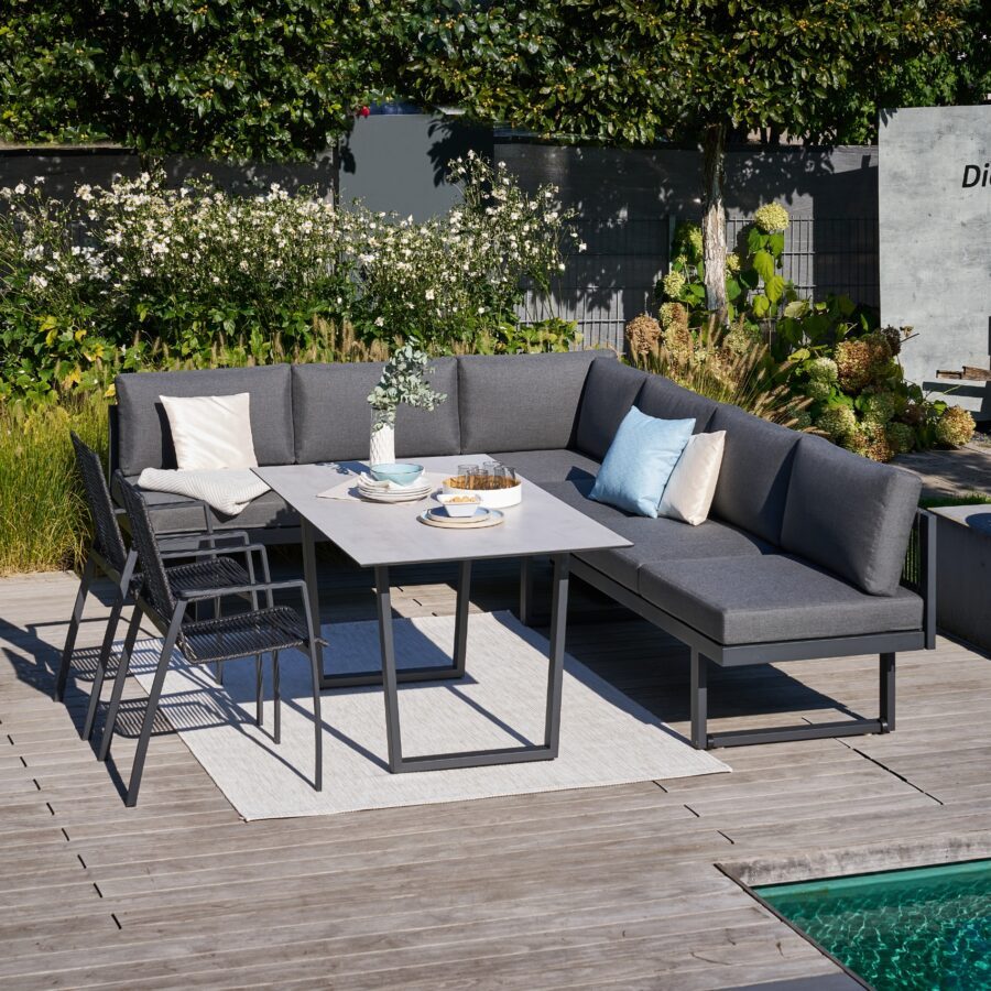 CASA DOMA "Aragona/Falerna/Mineo" Diningset, Ecklounge mit Gestell Alu anthrazit und Rope, Polster Tuvatextil® Panama grafito, Stühle mit Gestell Edelstahl anhrazit und Rope und Tisch mit Gestell Edelstahl anthrazit und HPL-Platte Chromix silber