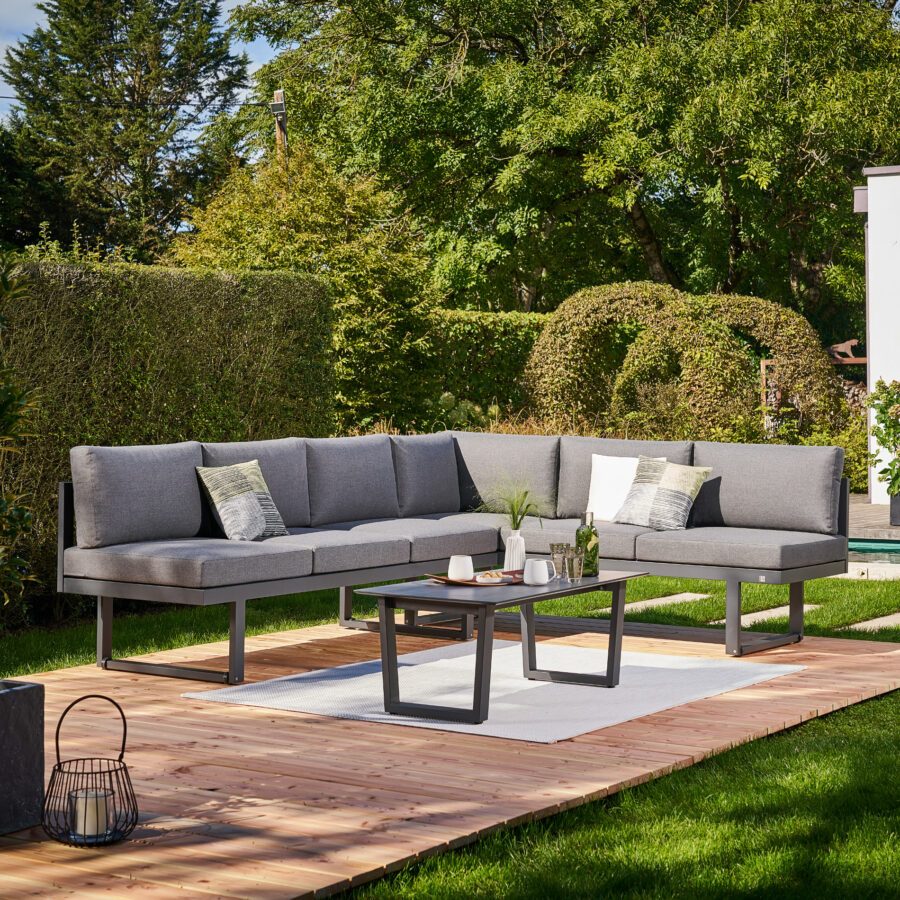 CASA DOMA "Aragona/Falerna" Loungeset 3-tlg., Sitzmöbel Aluminium anthrazit, Polster Tuvatextil® Panama grafito, Loungetisch Edelstahl anthrazit mit HPL-Tischplatte, Sitzhöhe 49 cm