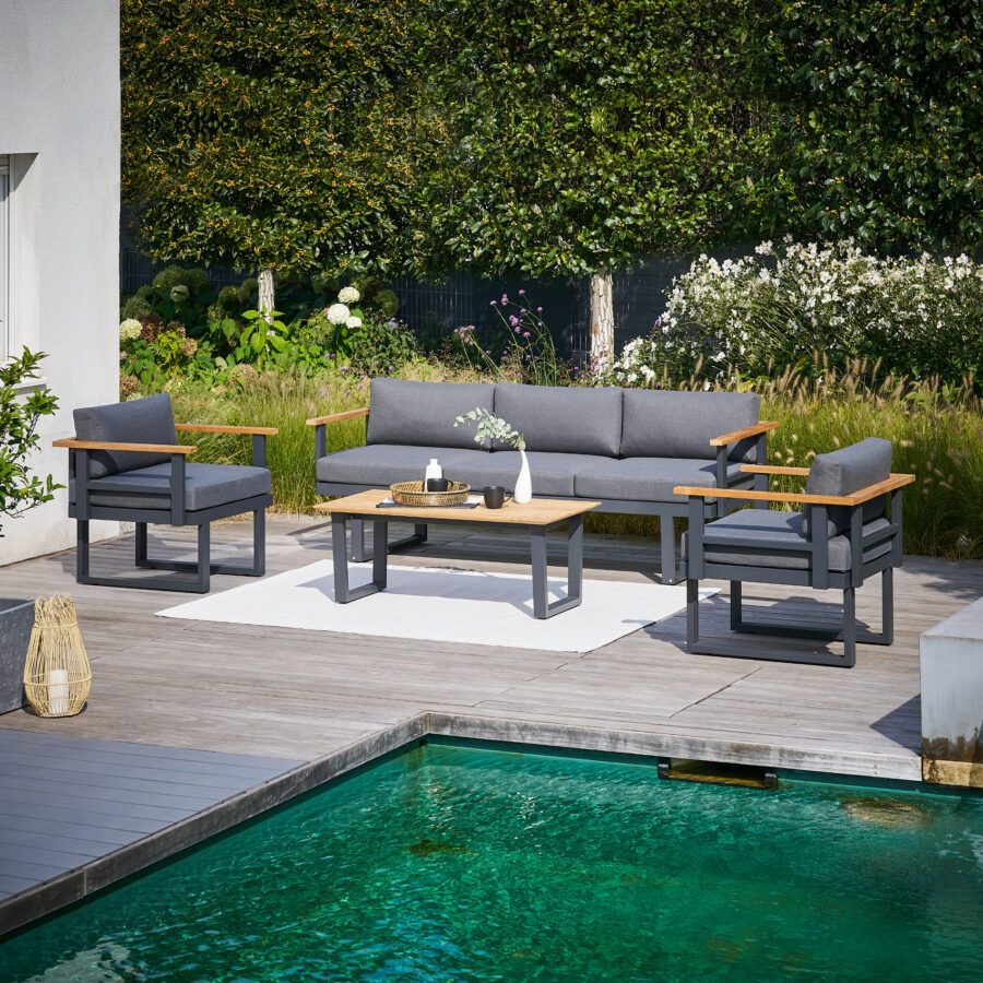 CASA DOMA "Aragona/Falerna" Loungeset 4-tlg., Sitzmöbel Aluminium anthrazit, Polster Tuvatextil® Panama grafito, Loungetisch Edelstahl anthrazit mit Teakholzplatte, Sitzhöhe 49 cm
