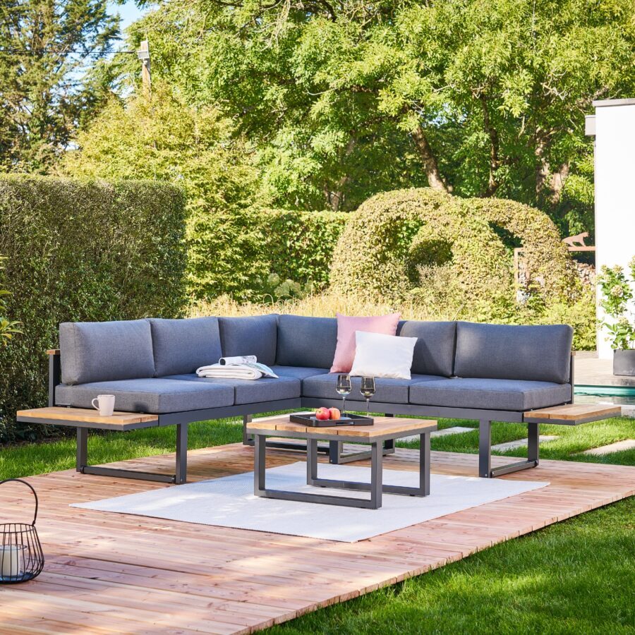 CASA DOMA "Aragona" Loungeset 3-tlg., Gestelle Aluminium anthrazit, Polster Tuvatextil® Panama grafito, Teakablagen, Loungetisch mit Teakplatte