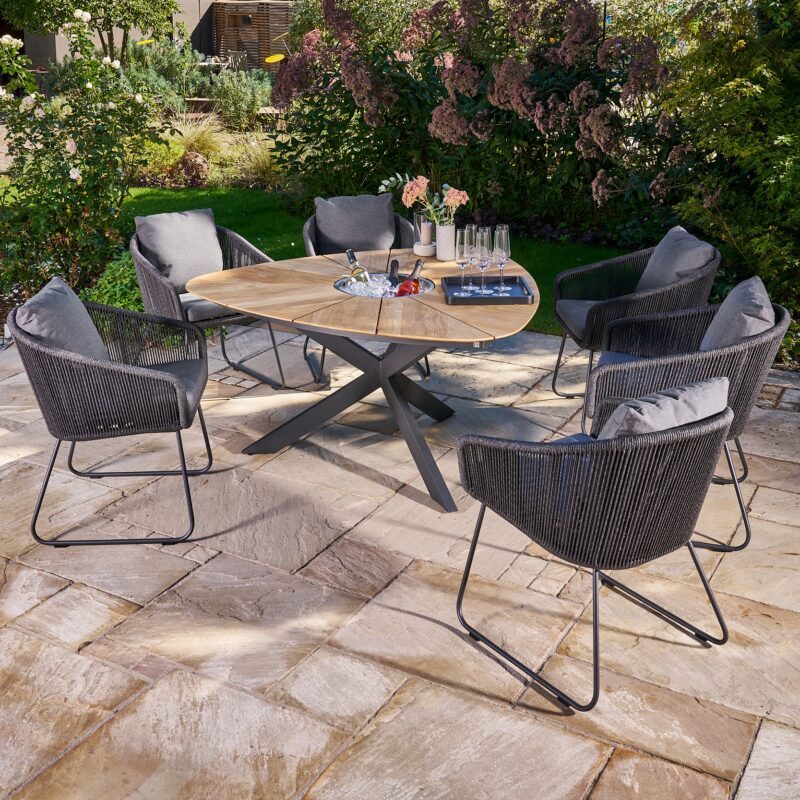 CASA DOMA Ribera/Saleni Gartenmöbel-Set mit Diningsessel Rundform und Tisch Teak, 7-teilig