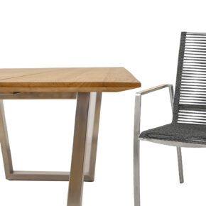 CASA DOMA "Mineo/Falerna" Gartenmöbel-Set 7-tlg., Gestelle Edelstahl gebürstet, Sitzfläche Rope anthrazit, Armlehnen Teak, Tisch 210x100 cm mit Teakplatte mit Schweizer Kante