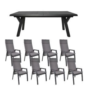 Lesli Living Gartenmöbel-Set mit Hochlehner "Amir" inkl. Auflage "Grigio" und Ausziehtisch "Castilla", Gestelle Alu charcoal/anthrazit, Sitzfläche Textilen schwarz/grau , Tischplatte Keramik wood grey 204/264x102 cm