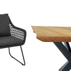 CASA DOMA "Ribera/Alcamo" Gartenmöbel-Set, Gestell Edelstahl anthrazit, Sessel Kufengestell, Sitzschale L-Form, Rope anthrazit (Knoten), Kissen Tuvatextil® Panama grafito, Tischplatte Teakholz mit Baumkante