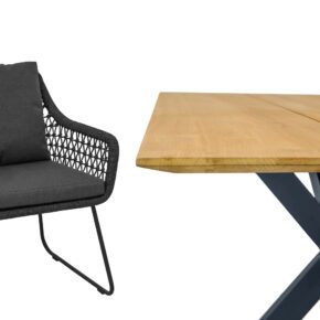 CASA DOMA "Ribera/Alcamo" Gartenmöbel-Set, Gestell Edelstahl anthrazit, Sessel Kufengestell, Sitzschale L-Form, Rope anthrazit (Knoten), Kissen Tuvatextil® Panama grafito, Tischplatte Teakholz mit Schweizer Kante