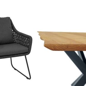 CASA DOMA "Ribera/Alcamo" Gartenmöbel-Set, Gestell Edelstahl anthrazit, Sessel Kufengestell, Sitzschale L-Form, Rope anthrazit (Raute), Kissen Tuvatextil® Panama grafito, Tischplatte Teakholz mit Baumkante