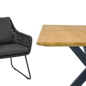 CASA DOMA "Ribera/Alcamo" Gartenmöbel-Set, Gestell Edelstahl anthrazit, Sessel Kufengestell, Sitzschale L-Form, Rope anthrazit (Raute), Kissen Tuvatextil® Panama grafito, Tischplatte Teakholz mit Schweizer Kante