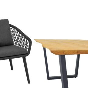 CASA DOMA "Ribera/Falerna" Gartenmöbel-Set 5-teilig, Gestell Edelstahl anthrazit, Tisch und Bank Kufengestell, Sessel Vierkant-Beine, Sitzschale Rundform, Rope anthrazit (Knoten), Kissen Tuvatextil® Panama grafito, Tischplatte und Bank-Sitzfläche Teakholz mit Baumkante