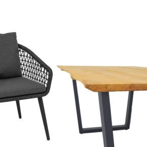 CASA DOMA "Ribera/Falerna" Gartenmöbel-Set 5-teilig, Gestell Edelstahl anthrazit, Tisch und Bank Kufengestell, Sessel Rundrohr-Beine, Sitzschale Rundform, Rope anthrazit (Knoten), Kissen Tuvatextil® Panama grafito, Tischplatte und Bank-Sitzfläche Teakholz mit Baumkante