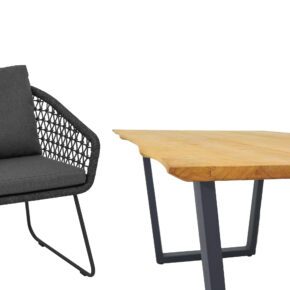 CASA DOMA "Ribera/Falerna" Gartenmöbel-Set 5-teilig, Gestell Edelstahl anthrazit, Tisch, Bank und Sessel Kufengestell, Sitzschale Rundform, Rope anthrazit (Knoten), Kissen Tuvatextil® Panama grafito, Tischplatte und Bank-Sitzfläche Teakholz mit Baumkante