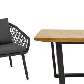 CASA DOMA "Ribera/Falerna" Gartenmöbel-Set 5-teilig, Gestell Edelstahl anthrazit, Tisch und Bank Kufengestell, Sessel Vierkant-Beine, Sitzschale Rundform, Rope anthrazit (Knoten), Kissen Tuvatextil® Panama grafito, Tischplatte und Bank-Sitzfläche Teakholz mit Schweizer Kante