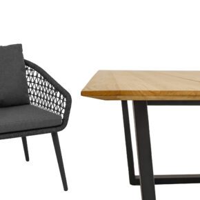 CASA DOMA "Ribera/Falerna" Gartenmöbel-Set 5-teilig, Gestell Edelstahl anthrazit, Tisch und Bank Kufengestell, Sessel Rundrohr-Beine, Sitzschale Rundform, Rope anthrazit (Knoten), Kissen Tuvatextil® Panama grafito, Tischplatte und Bank-Sitzfläche Teakholz mit Schweizer Kante