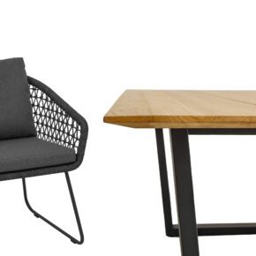 CASA DOMA "Ribera/Falerna" Gartenmöbel-Set 5-teilig, Gestell Edelstahl anthrazit, Tisch, Bank und Sessel Kufengestell, Sitzschale Rundform, Rope anthrazit (Knoten), Kissen Tuvatextil® Panama grafito, Tischplatte und Bank-Sitzfläche Teakholz mit Schweizer Kante