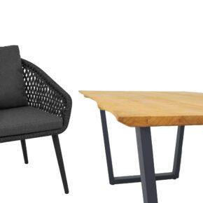 CASA DOMA "Ribera/Falerna" Gartenmöbel-Set 5-teilig, Gestell Edelstahl anthrazit, Tisch und Bank Kufengestell, Sessel Rundrohr-Beine, Sitzschale Rundform, Rope anthrazit (Raute), Kissen Tuvatextil® Panama grafito, Tischplatte und Bank-Sitzfläche Teakholz mit Baumkante