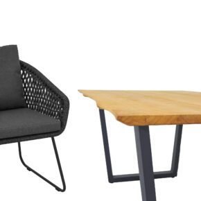 CASA DOMA "Ribera/Falerna" Gartenmöbel-Set 5-teilig, Gestell Edelstahl anthrazit, Tisch, Bank und Sessel Kufengestell, Sitzschale Rundform, Rope anthrazit (Raute), Kissen Tuvatextil® Panama grafito, Tischplatte und Bank-Sitzfläche Teakholz mit Baumkante