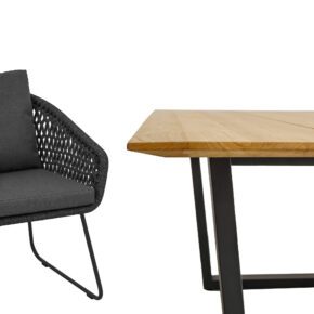 CASA DOMA "Ribera/Falerna" Gartenmöbel-Set 5-teilig, Gestell Edelstahl anthrazit, Tisch, Bank und Sessel Kufengestell, Sitzschale Rundform, Rope anthrazit (Raute), Kissen Tuvatextil® Panama grafito, Tischplatte und Bank-Sitzfläche Teakholz mit Schweizer Kante