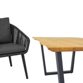 CASA DOMA "Ribera/Falerna" Gartenmöbel-Set 5-teilig, Gestell Edelstahl anthrazit, Tisch und Bank Kufengestell, Sessel Vierkant-Beine, Sitzschale Rundform, Rope anthrazit (vertikal breit), Kissen Tuvatextil® Panama grafito, Tischplatte und Bank-Sitzfläche Teakholz mit Baumkante