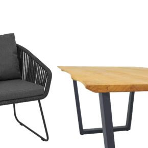 CASA DOMA "Ribera/Falerna" Gartenmöbel-Set 5-teilig, Gestell Edelstahl anthrazit, Tisch, Bank und Sessel Kufengestell, Sitzschale Rundform, Rope anthrazit (vertikal breit), Kissen Tuvatextil® Panama grafito, Tischplatte und Bank-Sitzfläche Teakholz mit Baumkante