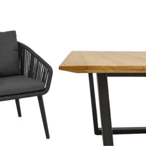 CASA DOMA "Ribera/Falerna" Gartenmöbel-Set 5-teilig, Gestell Edelstahl anthrazit, Tisch und Bank Kufengestell, Sessel Vierkant-Beine, Sitzschale Rundform, Rope anthrazit (vertikal breit), Kissen Tuvatextil® Panama grafito, Tischplatte und Bank-Sitzfläche Teakholz mit Schweizer Kante